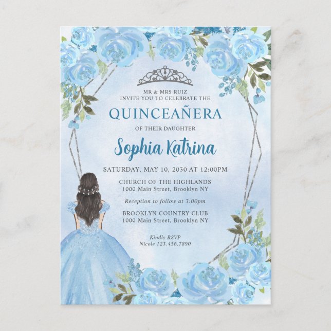 Carte Postale Cute Dusty Blue Silver Floral Princess Quinceañera (Devant)