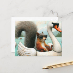 Carte Postale Cute écureuil sur une flottille de cygne