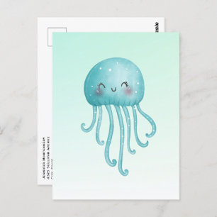 Carte Postale Cute et Joyeuse méduse bleu-vert
