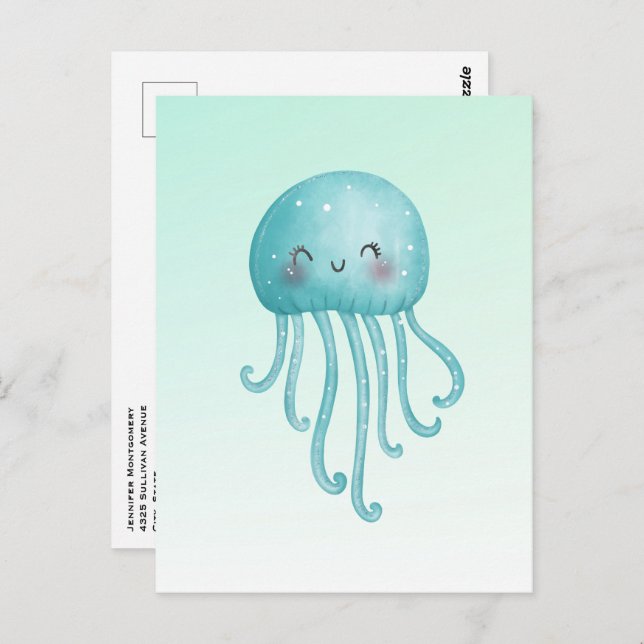 Carte Postale Cute et Joyeuse méduse bleu-vert (Devant / Derrière)