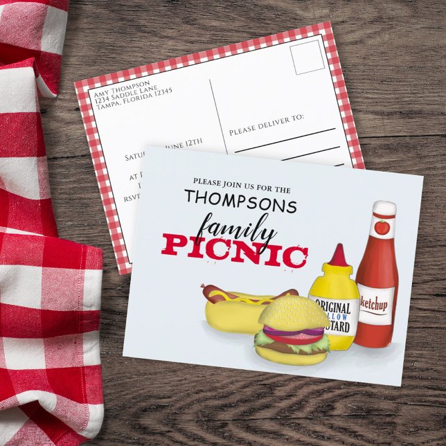 Carte Postale Cute été pique-nique tendance cuisine Whimsical (Summer family reunion casual picnic postcard template. )