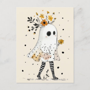 Carte Postale Cute Fantôme avec tournesol Halloween Whimsical