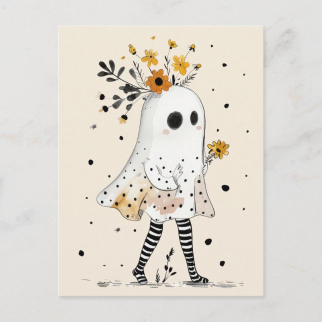 Carte Postale Cute Fantôme avec tournesol Halloween Whimsical (Devant)