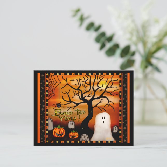 Carte Postale Cute Fantôme Boo Spider Enfants Halloween (Debout devant)