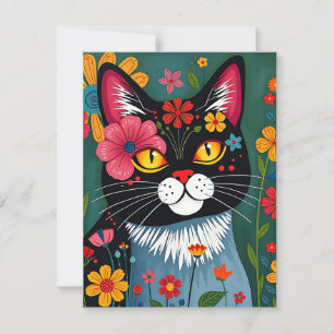 Carte Postale Cute Folk Art Whimsical Chat et Fleurs