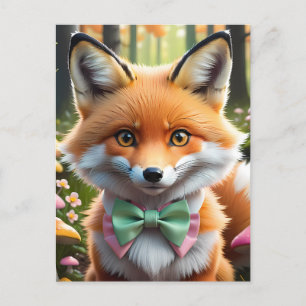 Carte Postale Cute Fox avec arc vert et rose