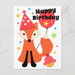Carte Postale Cute fox with balloon cupcake star joythday