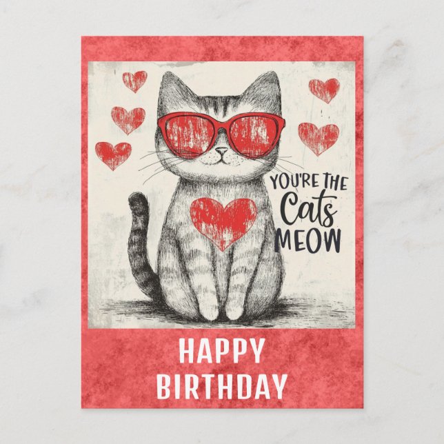 Carte Postale Cute Funny Chat Heureux Anniversaire Coeurs (Devant)