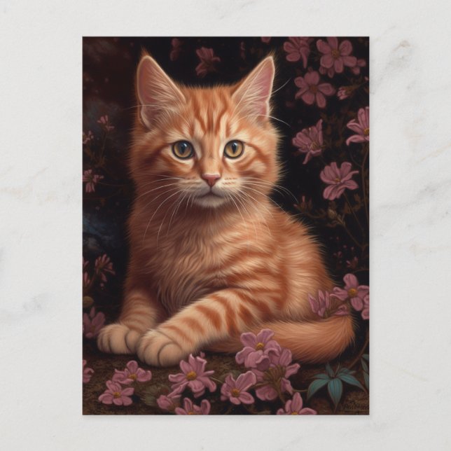 Carte postale Cute Ginger Kitten Fleurs roses (Devant)