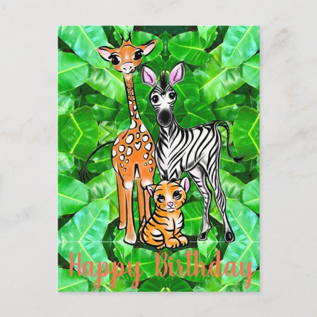 Carte Postale Cute Giraffe Zebra Tiger Safari amis jungle (Devant)