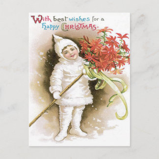 Carte Postale Cute Girl Neige Poinsettia Ribbon Jaune