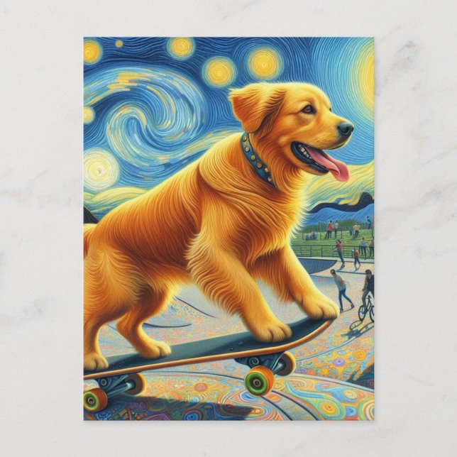 Carte Postale Cute Golden Retriever Skateboard (Devant)