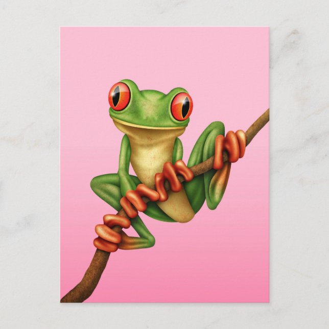 Carte Postale Cute grenouille verte sur une branche sur rose (Devant)
