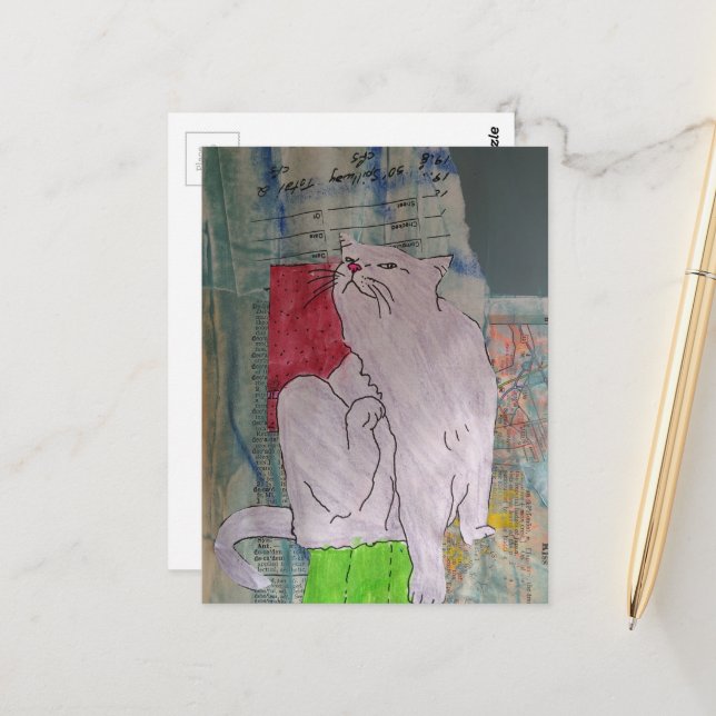 Carte Postale Cute Grey Kitty mixed media collage (Devant/Arrière en situation)