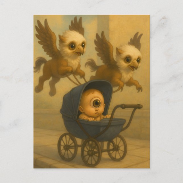 Carte Postale Cute Griffins & Baby Cyclops Mythologie Imaginaire (Devant)