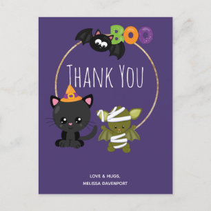 Carte Postale Cute Halloween Chat, chauve-souris et maman Merci 