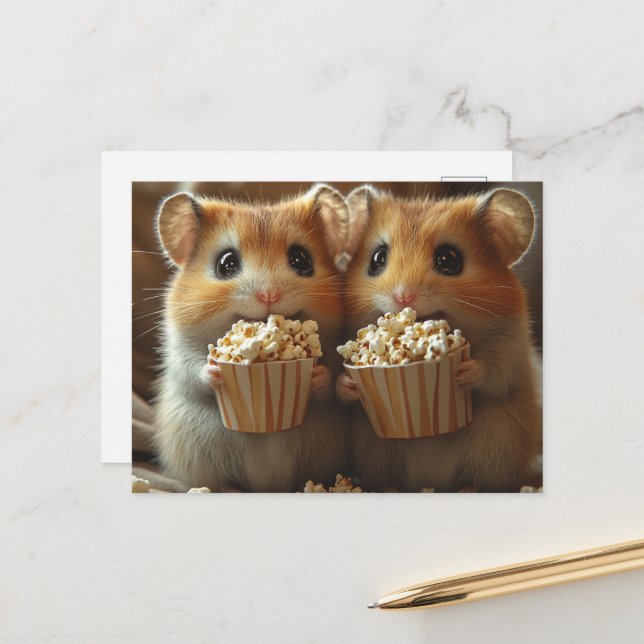 Carte Postale Cute Hamsters With Popcorn (Devant/Arrière en situation)