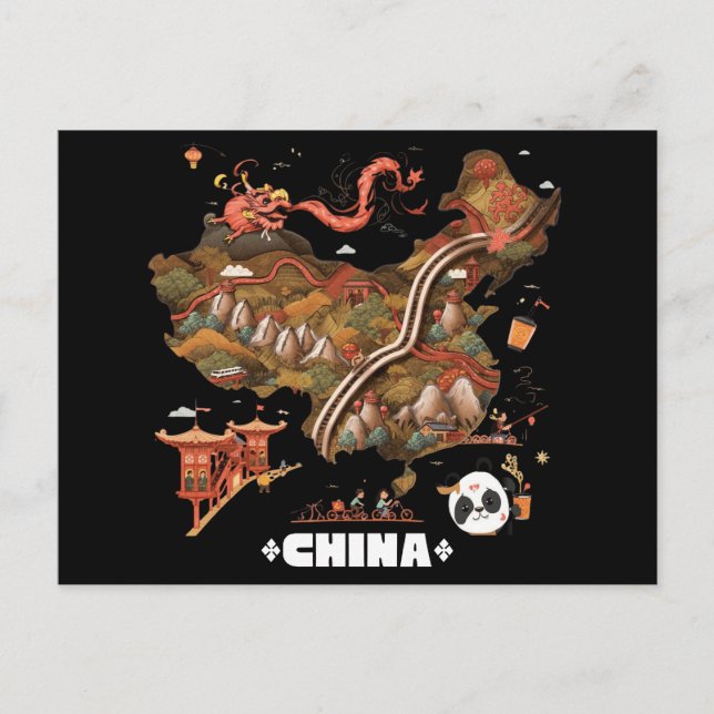 Carte Postale Cute Illustrated China Map with Dragon and Panda (Devant)