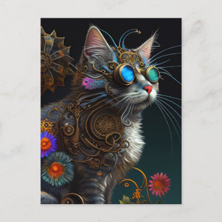 Carte Postale Cute imaginaire steampunk chat et fleurs IA art