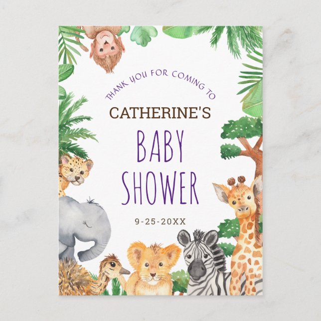Carte Postale Cute Jungle Safari Baby shower animal Merci (Devant)