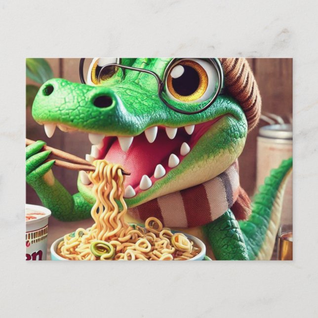 Carte Postale Cute Kawaii Alligator Manger Ramen (Devant)