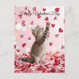 Carte Postale Cute Kitten Catching Valentine Heart Petals