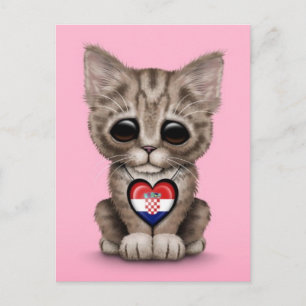 Carte Postale Cute Kitten Chat avec Drapeau Croate Coeur, rose