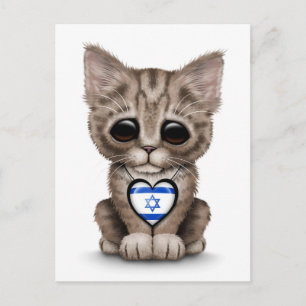 Carte Postale Cute Kitten Chat avec pavillon israélien Coeur, bl