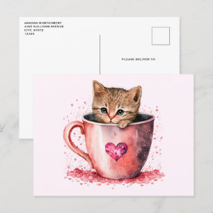 Carte Postale Cute Kitten dans un Teacup avec les coeurs