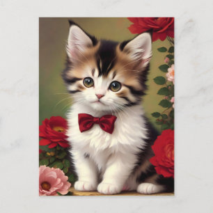 Carte Postale Cute Kitten portant un mât rouge