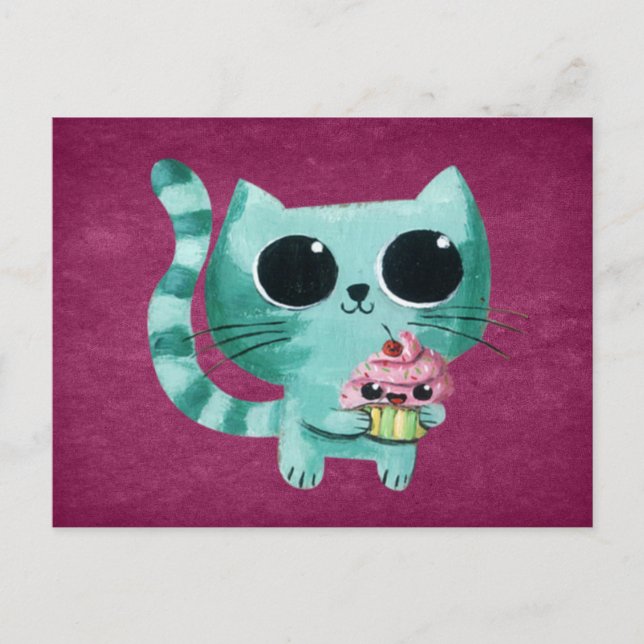Carte Postale Cute Kitty Chat avec Kawaii Cupcake (Devant)