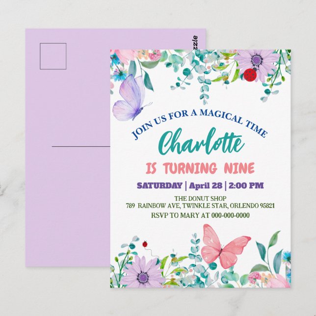 Carte Postale Cute Ladybug Polka point floral Fleur Nom d'annive (Devant / Derrière)