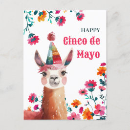 Carte Postale Cute Lama avec Fleurs Fuchsia Joyeux Cinco de Mayo