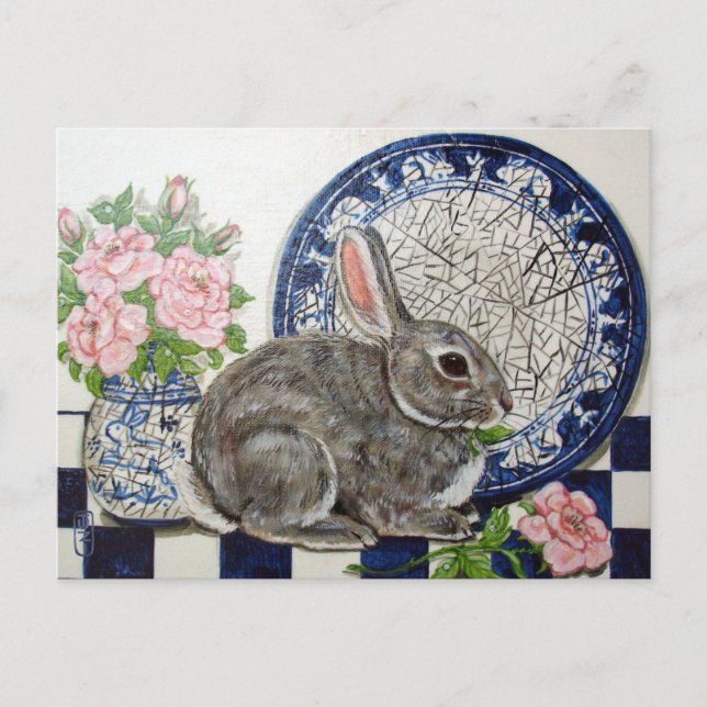Carte Postale Cute Lapin Lapin Peinture Dedham Plate Floral Art (Devant)