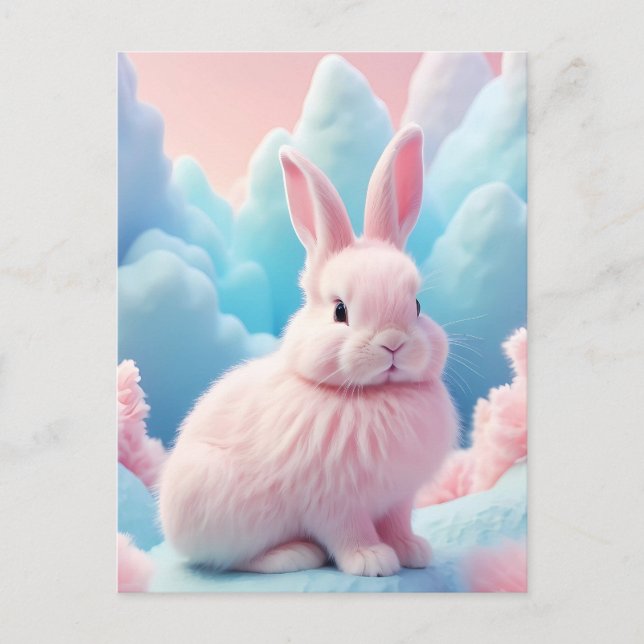 Carte Postale Cute Lapin Rose Coton Bonbons Nuages (Devant)