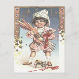 Carte Postale Cute Little Girl Bouteille Rockets Feu d'artifice