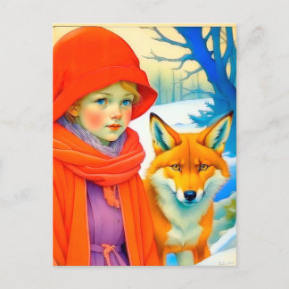 Carte Postale Cute Little Girl With Fox Chritmas