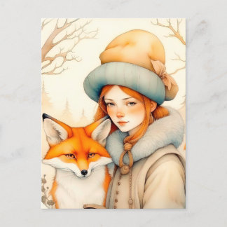 Carte Postale Cute Little Girl With Fox Chritmas