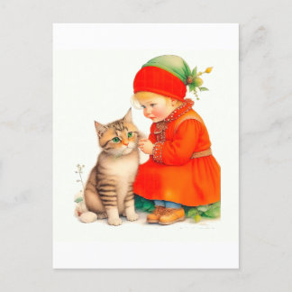 Carte Postale Cute Little Girl With Kitten Chritmas