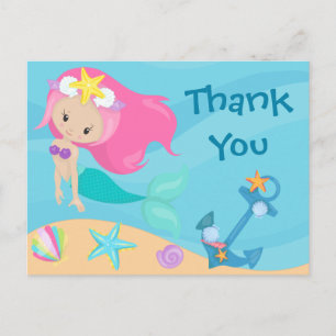Carte Postale Cute Mermaid Girl Merci plage Anniversaire Enfants