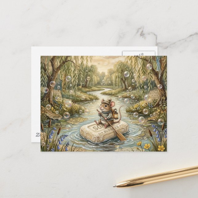 Carte Postale Cute Mouse Floating Down River on Soap (Devant/Arrière en situation)