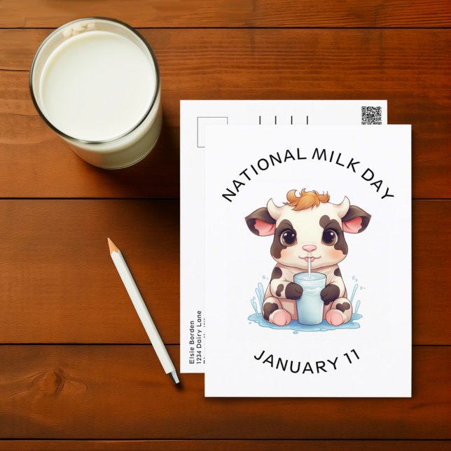 Carte Postale Cute Noir & Blanc Kawaii Bébé Vache Boire Lait (Créateur téléchargé)