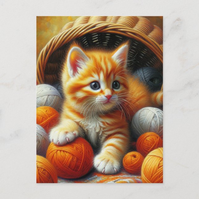 Carte Postale Cute Orange et Kitten blanc Jouer en Fil (Devant)