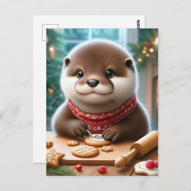 Carte Postale Cute Otter Baking Cookies de Noël (Devant / Derrière)