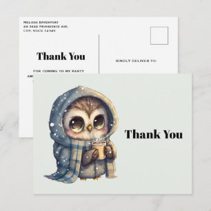 Carte Postale Cute Owl tenant un Merci de café