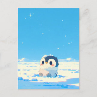 Carte Postale Cute Penguin Chick in Starry Arctic Landscape