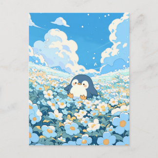 Carte Postale Cute Penguin in Blue Flower Meadow