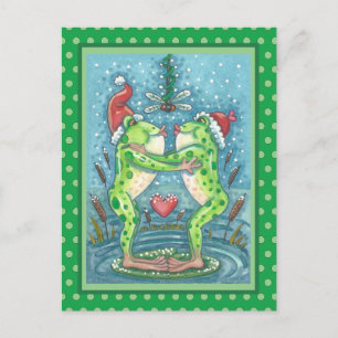CARTE POSTALE CUTE PÈRE NOËL FROGS KISSING SOUS DRAGONFLY MISTLE