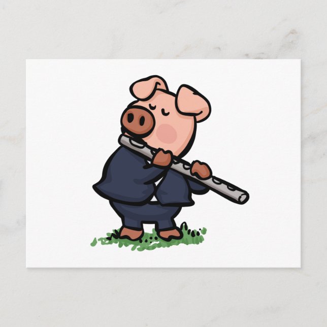 Carte Postale Cute Pig jouant de la bande dessinée de flûte | ch (Devant)