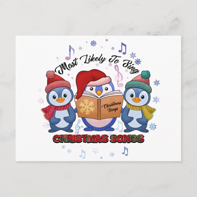 Carte Postale Cute Pinguins chantant des chansons de Noël (Devant)